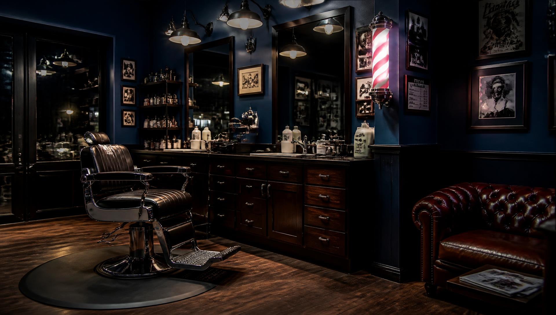 Interior da ARJ Barbearia em tons de azul-marinho com cadeira de barbeiro clássica